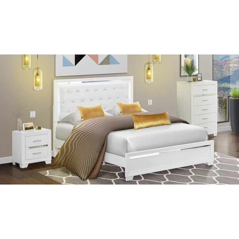 Cadre de lit Queen blanc, bois d'ingénierie, ensemble de chambre à coucher multi-pièces