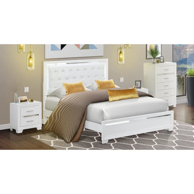 Cadre de lit Queen blanc, bois d'ingénierie, ensemble de chambre à coucher multi-pièces