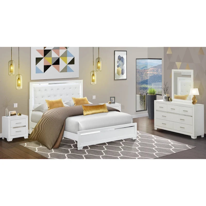 Cadre de lit Queen blanc, bois d'ingénierie, ensemble de chambre à coucher multi-pièces