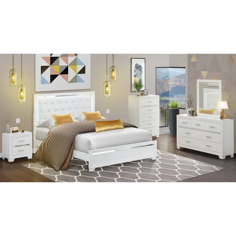 Cadre de lit Queen blanc, bois d'ingénierie, ensemble de chambre à coucher multi-pièces