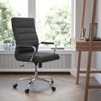 Fauteuil de bureau pivotant à dossier haut en similicuir noir/blanc/gris/marron, piétement chromé/doré/or rose/noir, siège simple