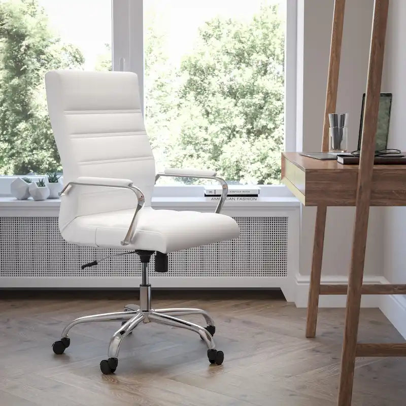 Fauteuil de bureau pivotant à dossier haut en similicuir noir/blanc/gris/marron, piétement chromé/doré/or rose/noir, siège simple