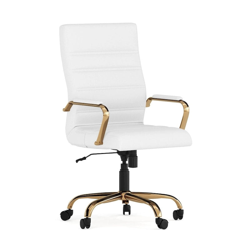 Fauteuil de bureau pivotant à dossier haut en similicuir noir/blanc/gris/marron, piétement chromé/doré/or rose/noir, siège simple
