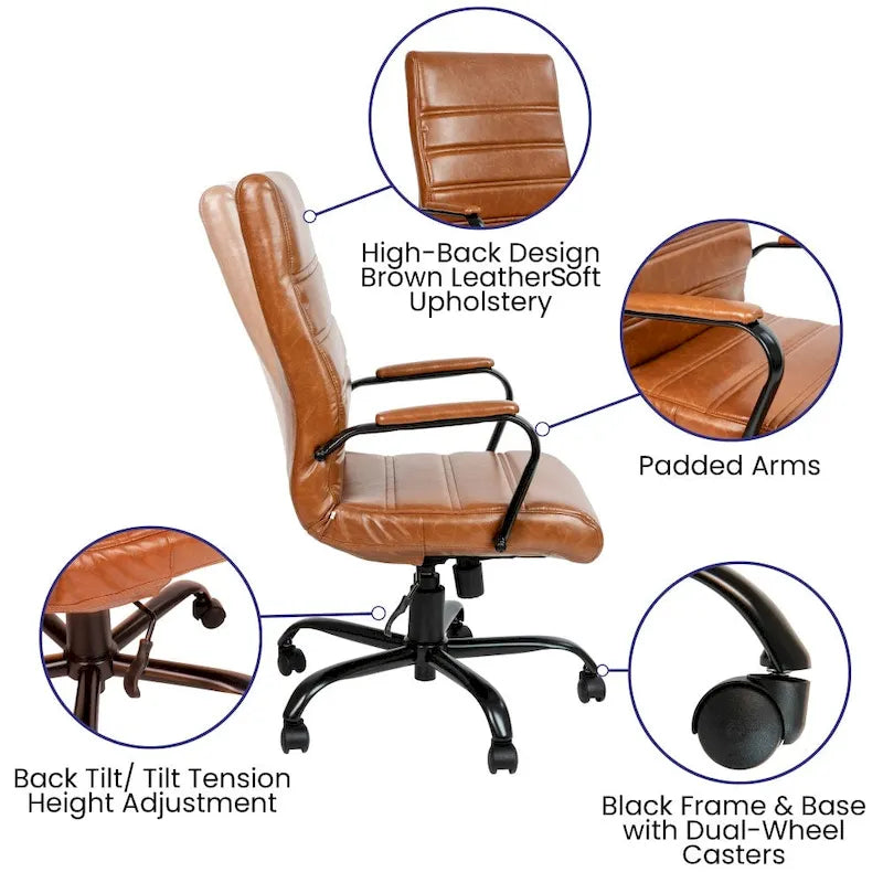 Fauteuil de bureau pivotant à dossier haut en similicuir noir/blanc/gris/marron, piétement chromé/doré/or rose/noir, siège simple