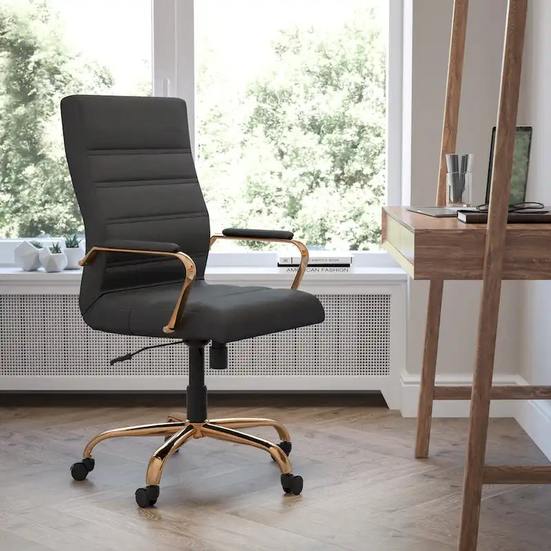 Fauteuil de bureau pivotant à dossier haut en similicuir noir/blanc/gris/marron, piétement chromé/doré/or rose/noir, siège simple