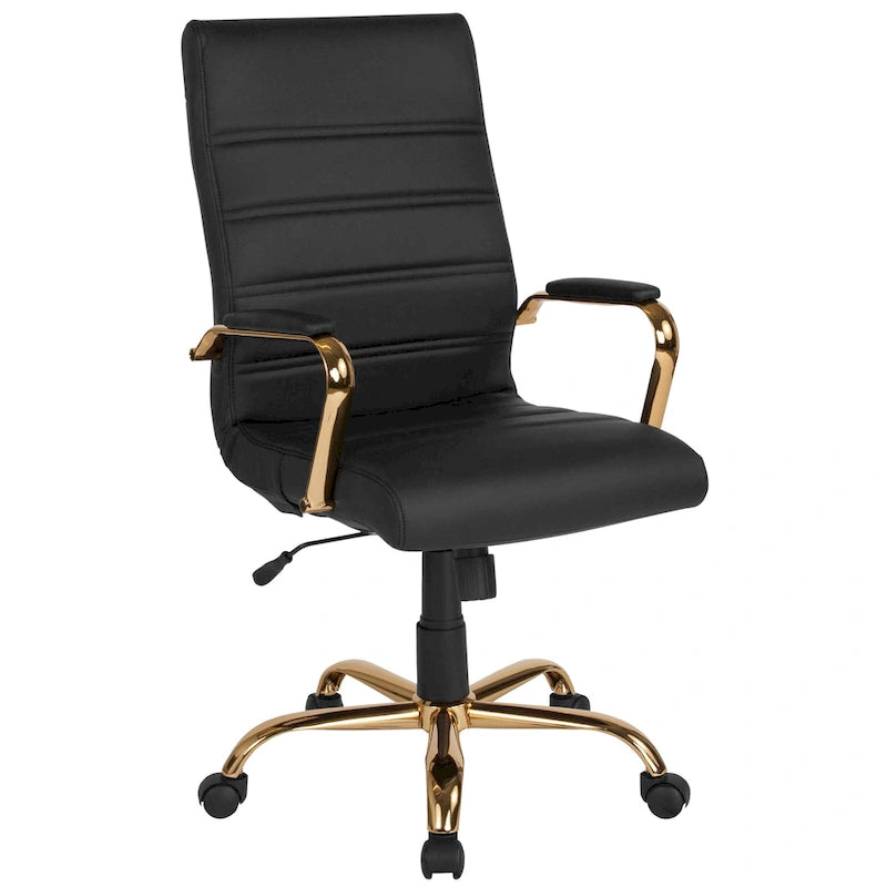 Fauteuil de bureau pivotant à dossier haut en similicuir noir/blanc/gris/marron, piétement chromé/doré/or rose/noir, siège simple