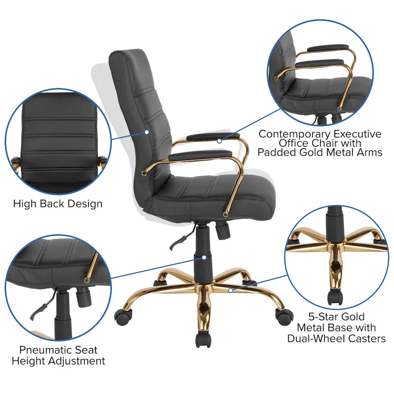 Fauteuil de bureau pivotant à dossier haut en similicuir noir/blanc/gris/marron, piétement chromé/doré/or rose/noir, siège simple