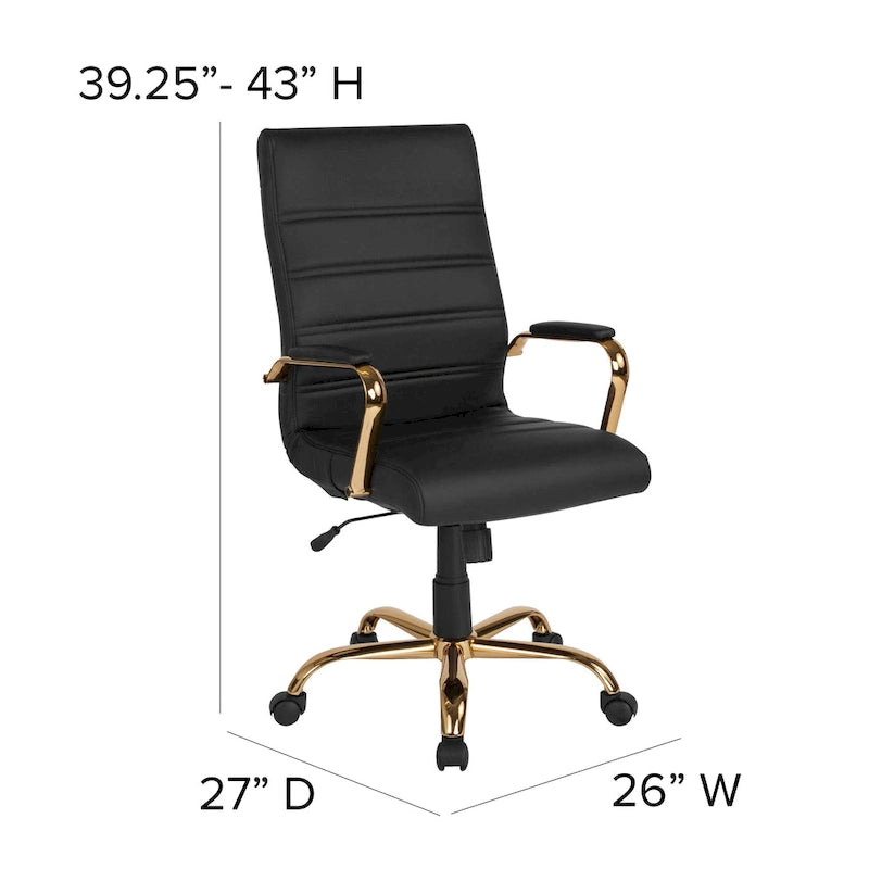 Fauteuil de bureau pivotant à dossier haut en similicuir noir/blanc/gris/marron, piétement chromé/doré/or rose/noir, siège simple