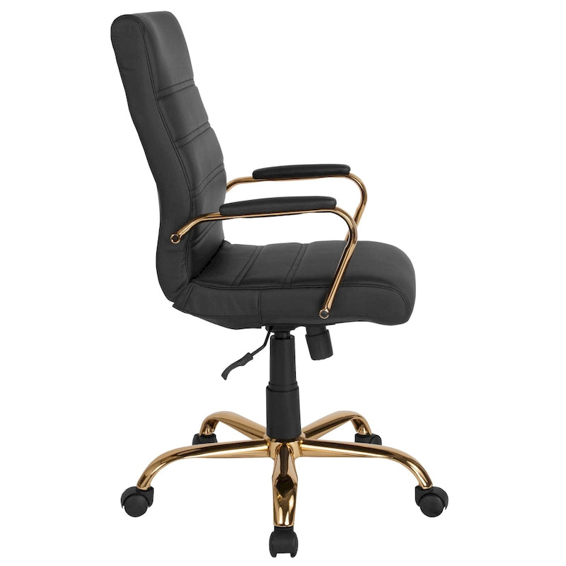 Fauteuil de bureau pivotant à dossier haut en similicuir noir/blanc/gris/marron, piétement chromé/doré/or rose/noir, siège simple