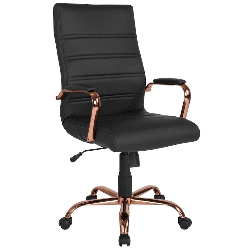Fauteuil de bureau pivotant à dossier haut en similicuir noir/blanc/gris/marron, piétement chromé/doré/or rose/noir, siège simple
