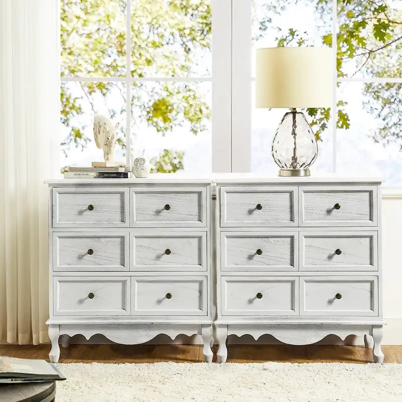 Table de chevet de style campagnard avec 3 tiroirs, finition vieillie, bleu/noyer/blanc, lot de 2