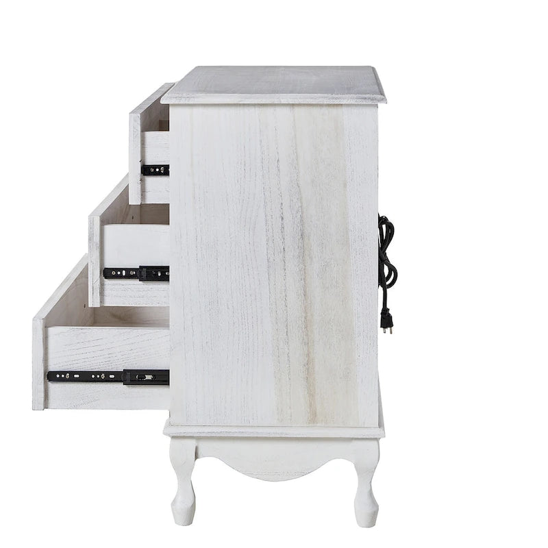 Table de chevet de style campagnard avec 3 tiroirs, finition vieillie, bleu/noyer/blanc, lot de 2