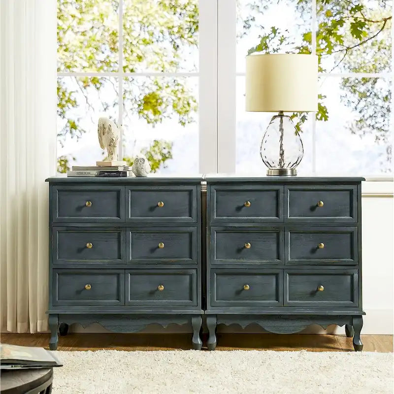 Table de chevet de style campagnard avec 3 tiroirs, finition vieillie, bleu/noyer/blanc, lot de 2