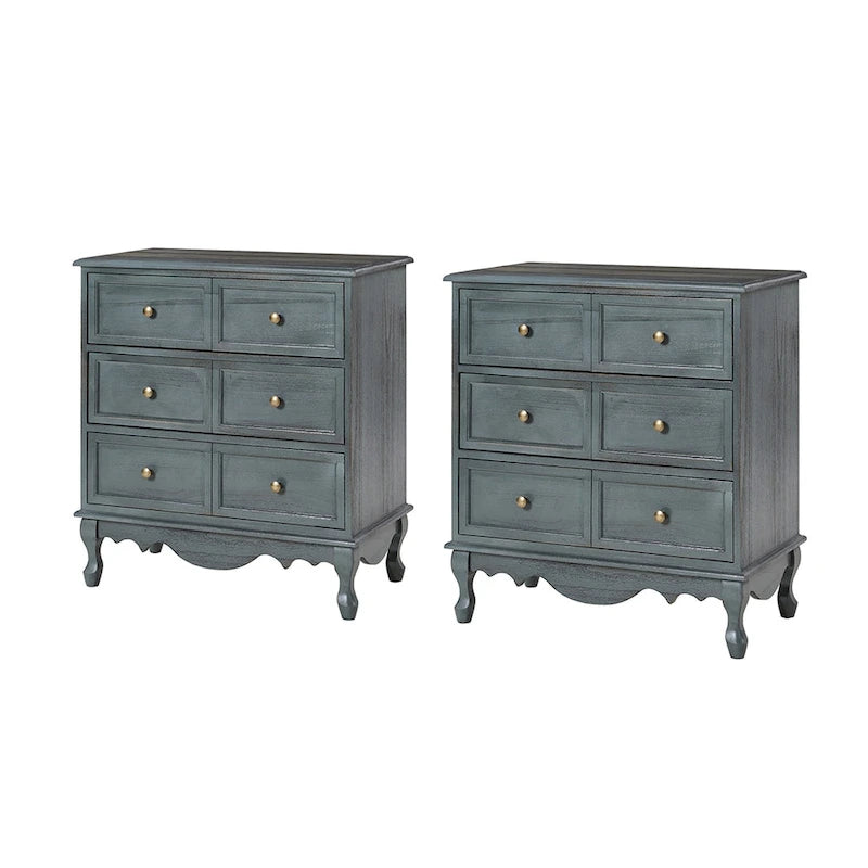 Table de chevet de style campagnard avec 3 tiroirs, finition vieillie, bleu/noyer/blanc, lot de 2