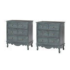 Table de chevet de style campagnard avec 3 tiroirs, finition vieillie, bleu/noyer/blanc, lot de 2