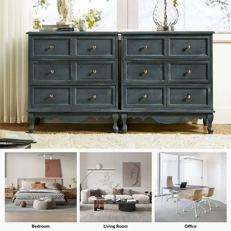 Table de chevet de style campagnard avec 3 tiroirs, finition vieillie, bleu/noyer/blanc, lot de 2