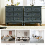 Table de chevet de style campagnard avec 3 tiroirs, finition vieillie, bleu/noyer/blanc, lot de 2