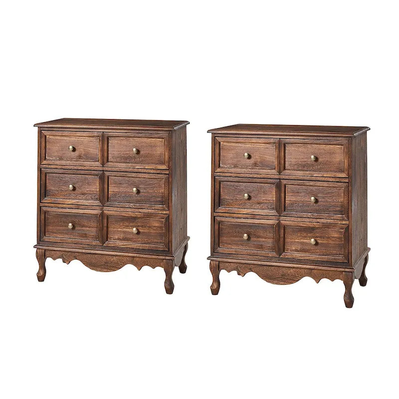 Table de chevet de style campagnard avec 3 tiroirs, finition vieillie, bleu/noyer/blanc, lot de 2