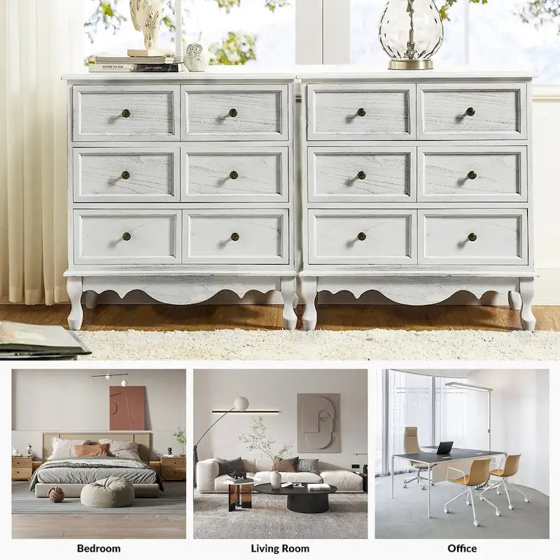 Table de chevet de style campagnard avec 3 tiroirs, finition vieillie, bleu/noyer/blanc, lot de 2