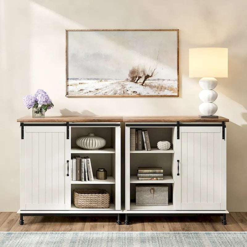 Buffet en pin vieilli, 70 po, avec portes coulissantes de style grange