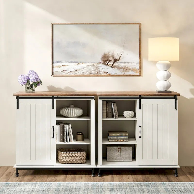 Buffet en pin vieilli, 70 po, avec portes coulissantes de style grange