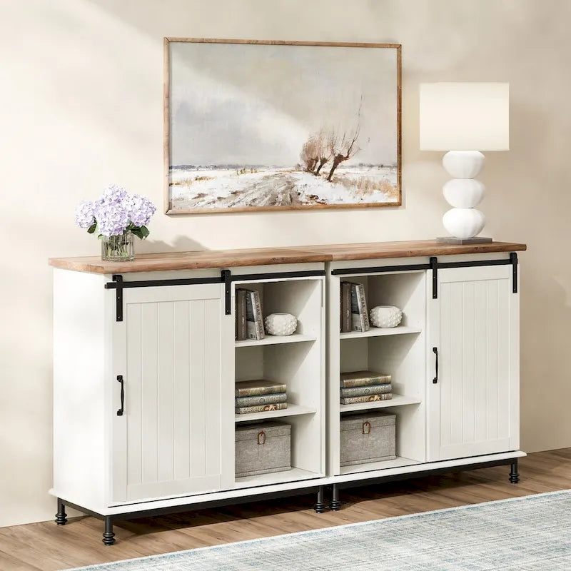Buffet en pin vieilli, 70 po, avec portes coulissantes de style grange