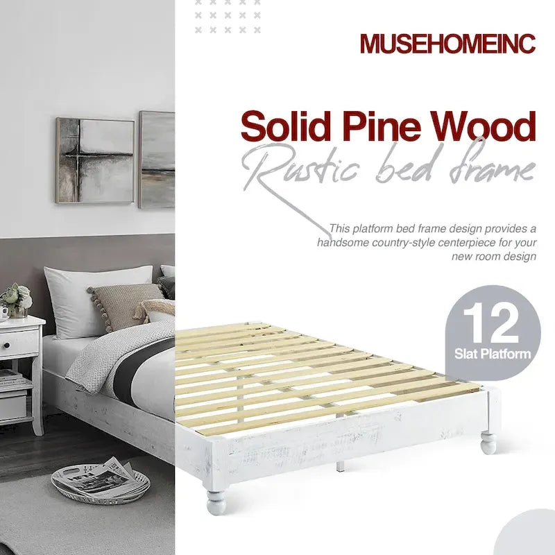 Cadre de lit plateforme en pin rustique blanchi, King (1 personne)