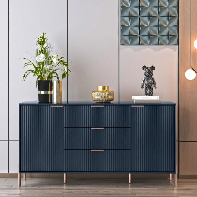 Meuble de rangement 147 cm avec étagère réglable Blanc cassé / Noir / Bleu marine