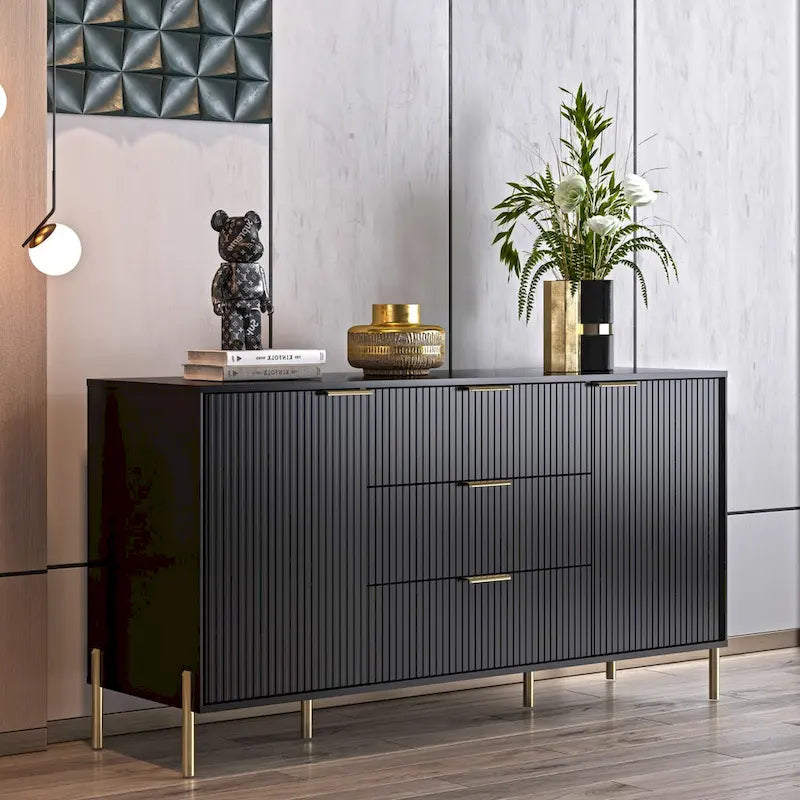 Meuble de rangement 147 cm avec étagère réglable Blanc cassé / Noir / Bleu marine