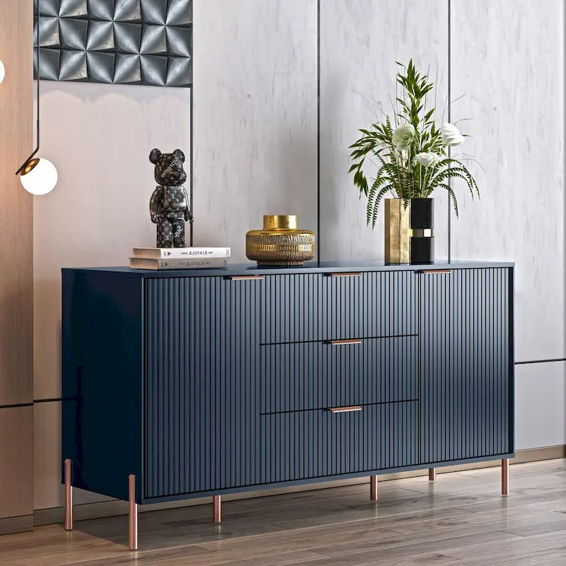 Meuble de rangement 147 cm avec étagère réglable Blanc cassé / Noir / Bleu marine