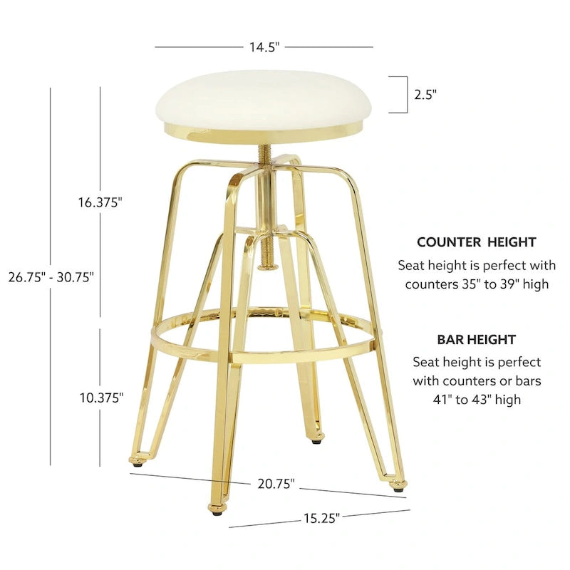Tabouret de bar réglable sans dossier en similicuir blanc (Blanc/Argent & Blanc/Or), Individuel