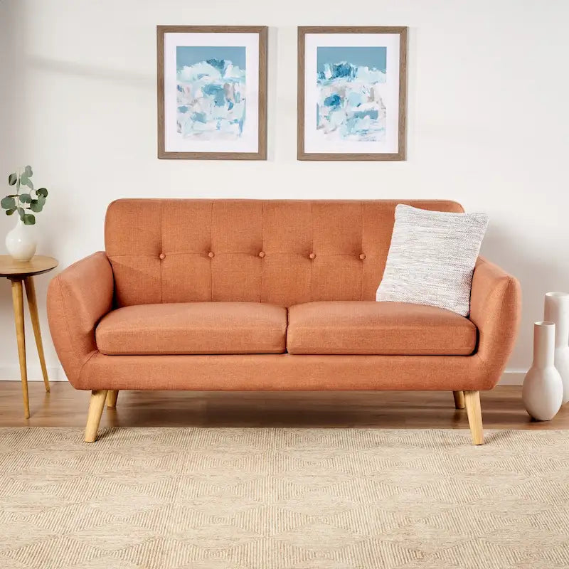 Causeuse capitonnée 2 places style Mid-Century – Orange brûlé / Gris foncé / Bleu