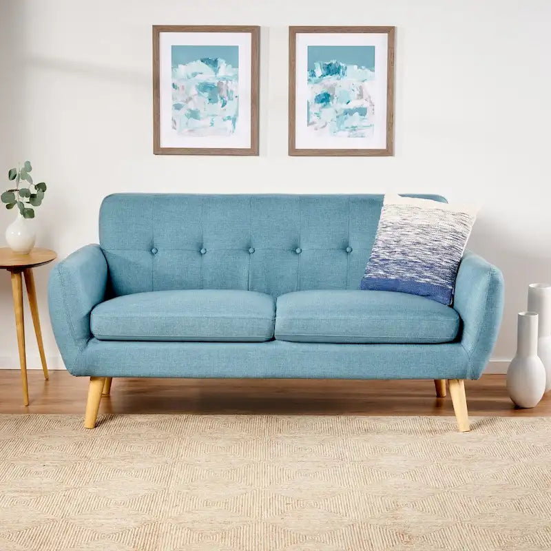 Causeuse capitonnée 2 places style Mid-Century – Orange brûlé / Gris foncé / Bleu