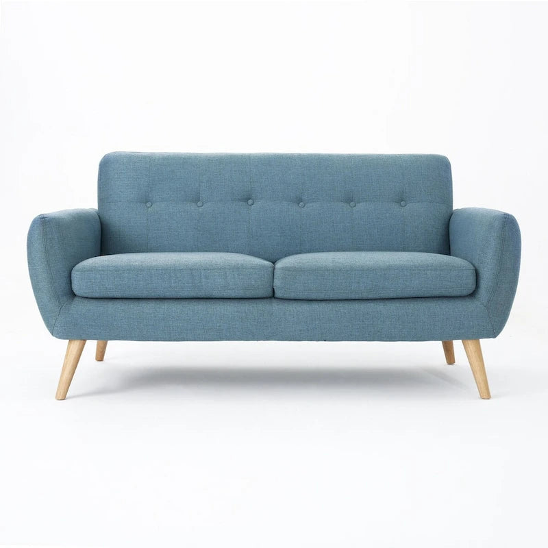 Causeuse capitonnée 2 places style Mid-Century – Orange brûlé / Gris foncé / Bleu