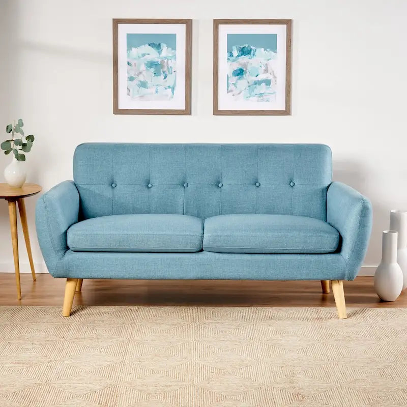 Causeuse capitonnée 2 places style Mid-Century – Orange brûlé / Gris foncé / Bleu