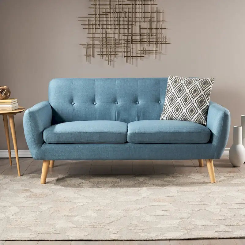 Causeuse capitonnée 2 places style Mid-Century – Orange brûlé / Gris foncé / Bleu