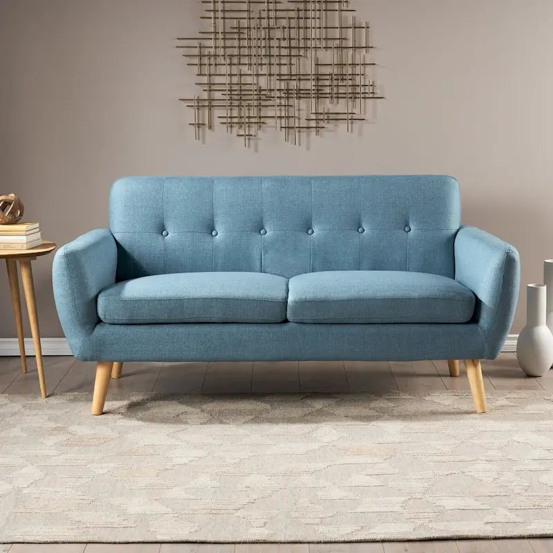 Causeuse capitonnée 2 places style Mid-Century – Orange brûlé / Gris foncé / Bleu