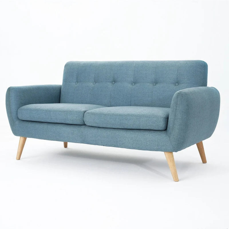 Causeuse capitonnée 2 places style Mid-Century – Orange brûlé / Gris foncé / Bleu