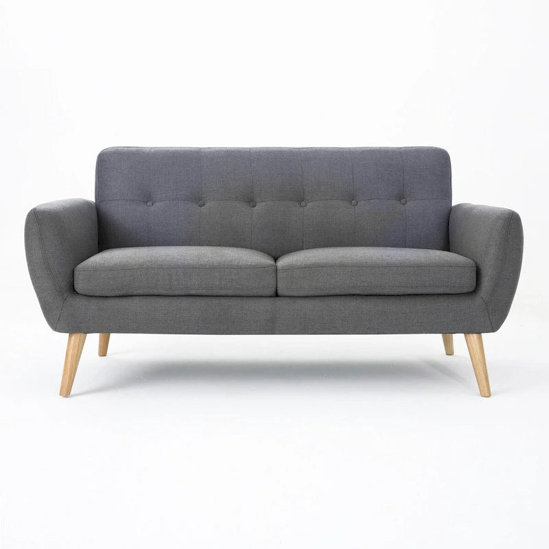 Causeuse capitonnée 2 places style Mid-Century – Orange brûlé / Gris foncé / Bleu