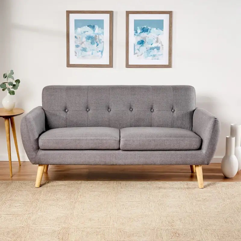 Causeuse capitonnée 2 places style Mid-Century – Orange brûlé / Gris foncé / Bleu