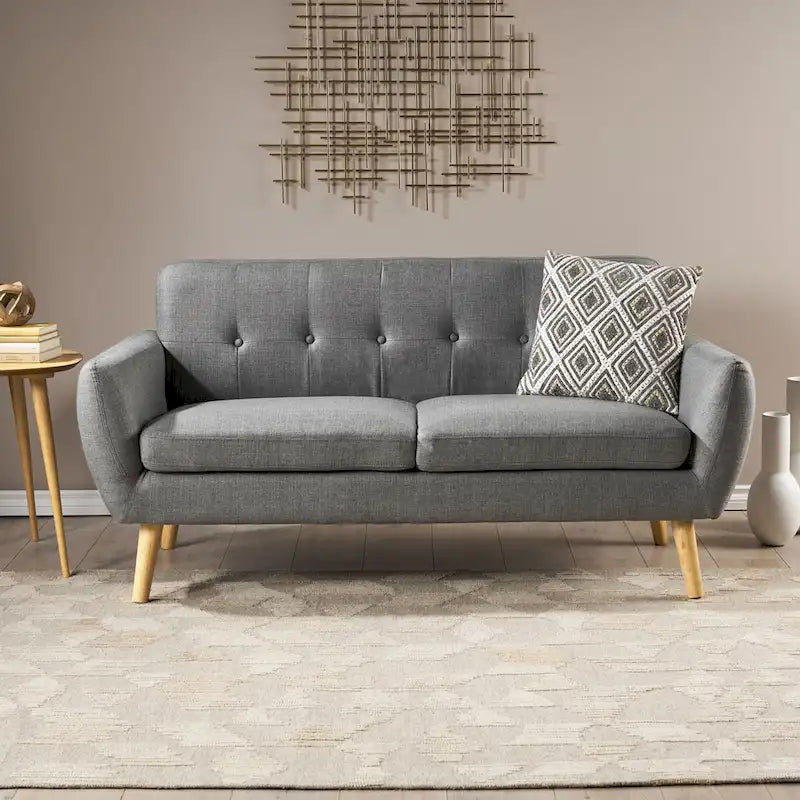 Causeuse capitonnée 2 places style Mid-Century – Orange brûlé / Gris foncé / Bleu