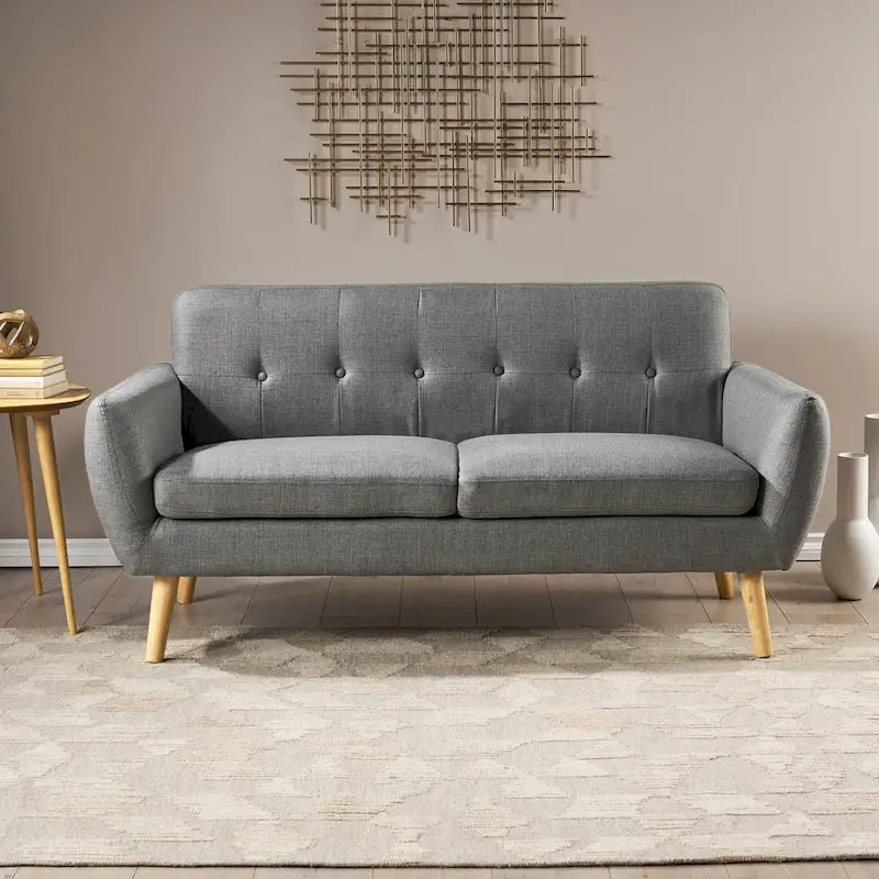 Causeuse capitonnée 2 places style Mid-Century – Orange brûlé / Gris foncé / Bleu
