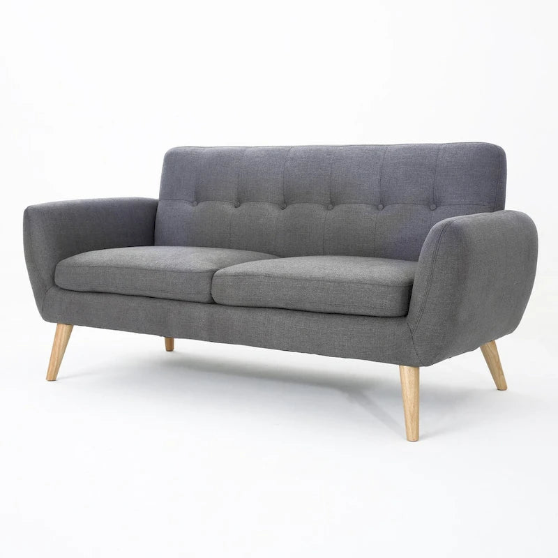 Causeuse capitonnée 2 places style Mid-Century – Orange brûlé / Gris foncé / Bleu