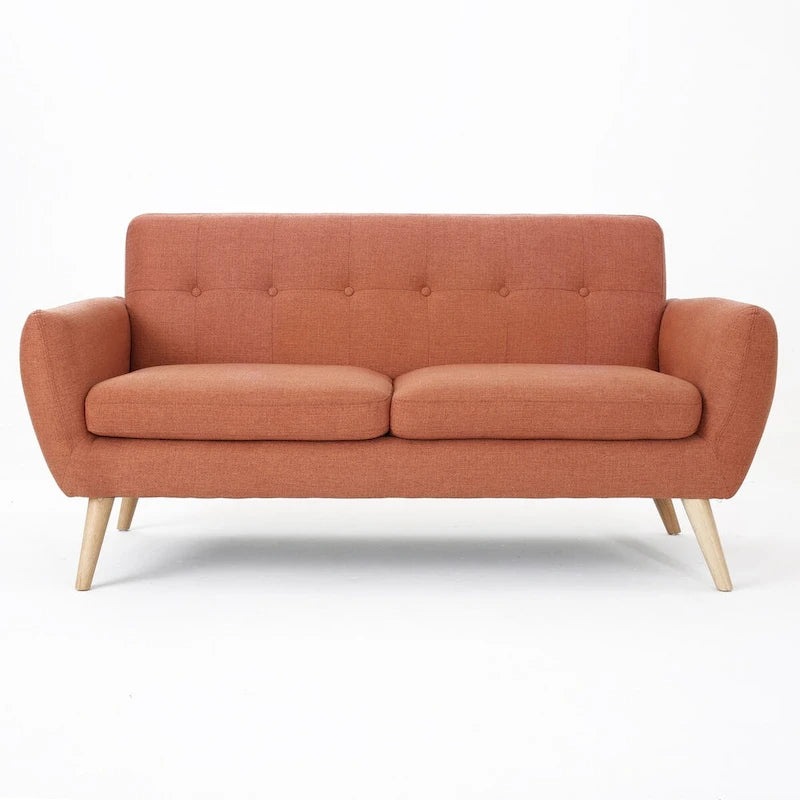 Causeuse capitonnée 2 places style Mid-Century – Orange brûlé / Gris foncé / Bleu