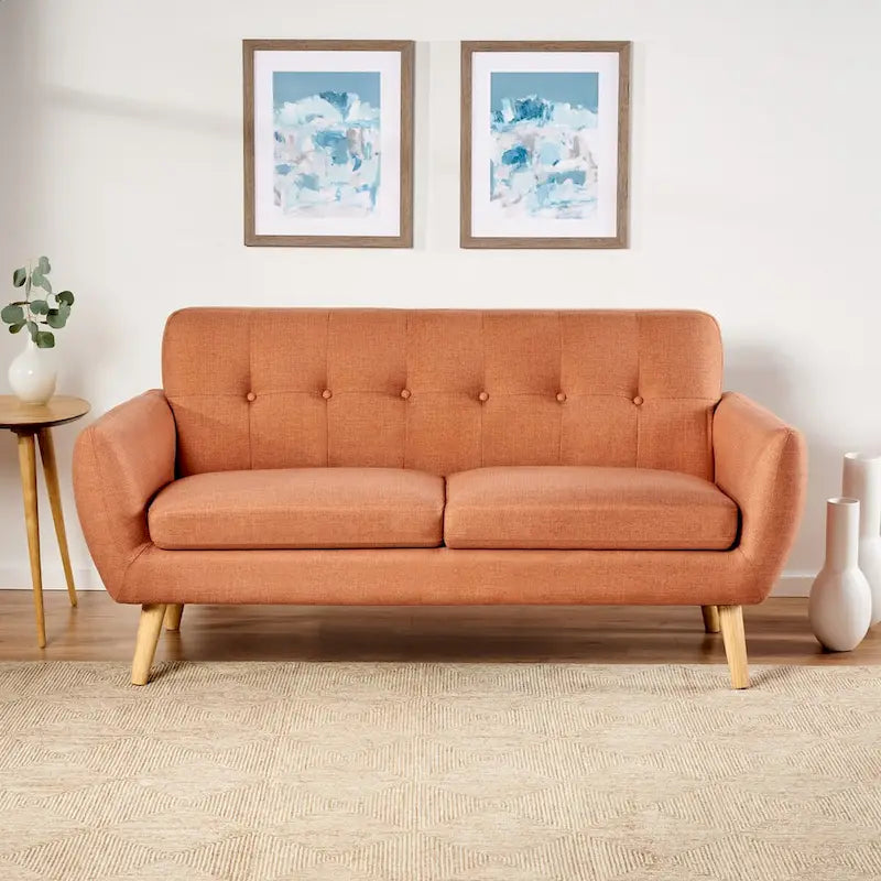 Causeuse capitonnée 2 places style Mid-Century – Orange brûlé / Gris foncé / Bleu