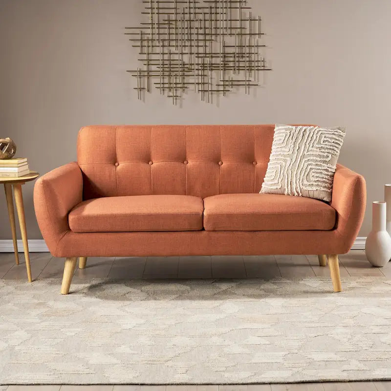 Causeuse capitonnée 2 places style Mid-Century – Orange brûlé / Gris foncé / Bleu