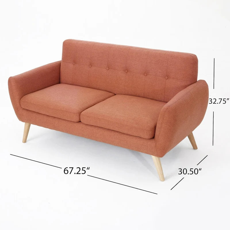Causeuse capitonnée 2 places style Mid-Century – Orange brûlé / Gris foncé / Bleu