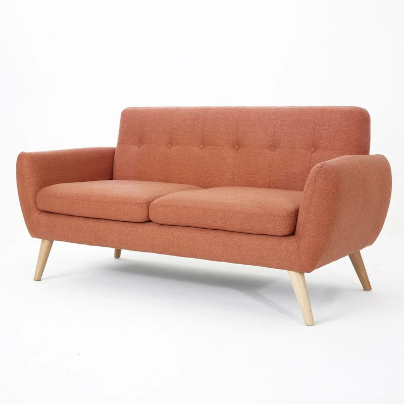 Causeuse capitonnée 2 places style Mid-Century – Orange brûlé / Gris foncé / Bleu