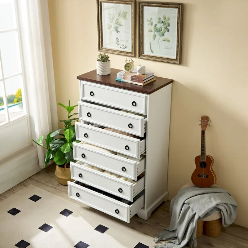 Commode haute 6 tiroirs gris délavé/blanc, assemblage par 2 personnes