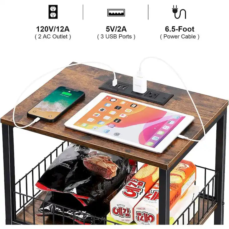 Table d'appoint à 3 niveaux avec station de charge, Noir/Marron, 2 prises et 2 ports USB, Utilisation par 1 personne
